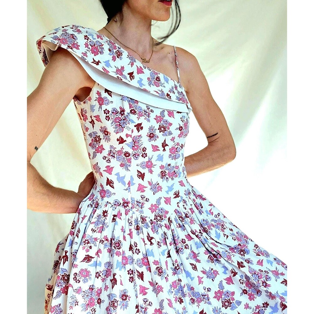 Vtg 1940s Novelty Print Cotton Formal Gown: One Shoulder Floral Maxi Dress S/M - Picture 9 of 14
